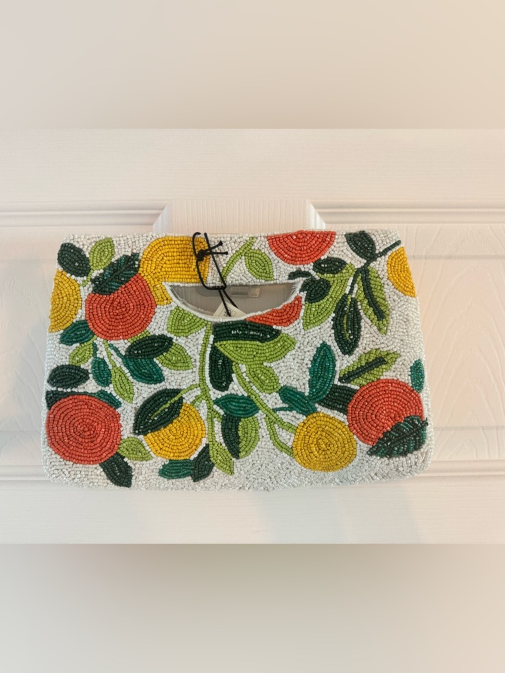 Beaded Floral Handheld Clutch in White with Green, Coral & Yellow Accents